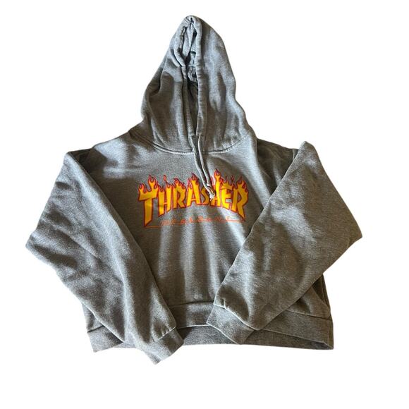 Thrasher Magazine Womens Grey Cropped Flame Sweatshirt Hoodie Small - Picture 1 of 5